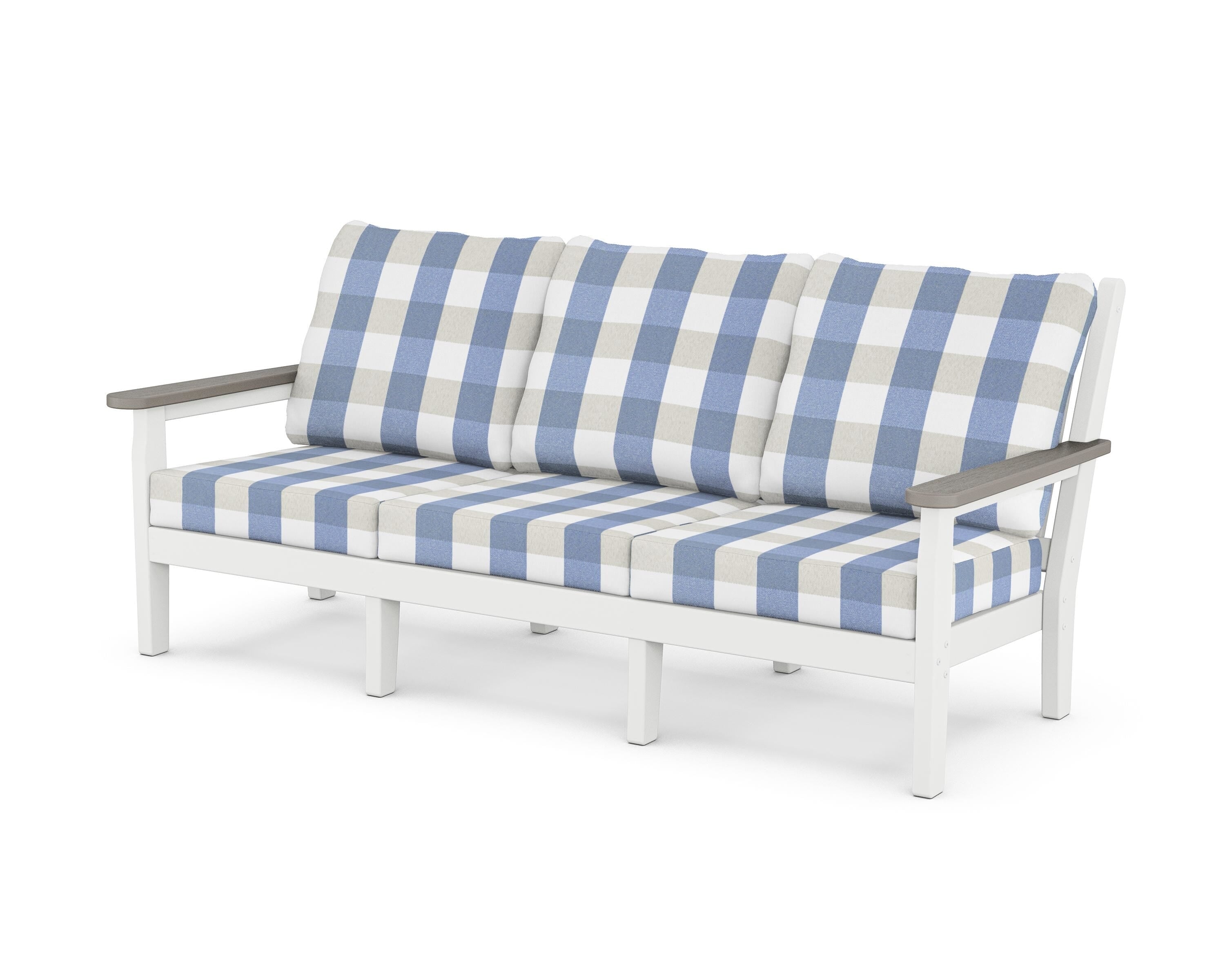 POLYWOOD® Chippendale Deep Seating Sofa in White / Driftwood / Buffalo Plaid Sky Blue
