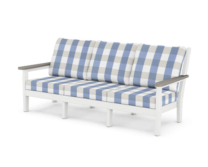 POLYWOOD® Chippendale Deep Seating Sofa in White / Driftwood / Buffalo Plaid Sky Blue