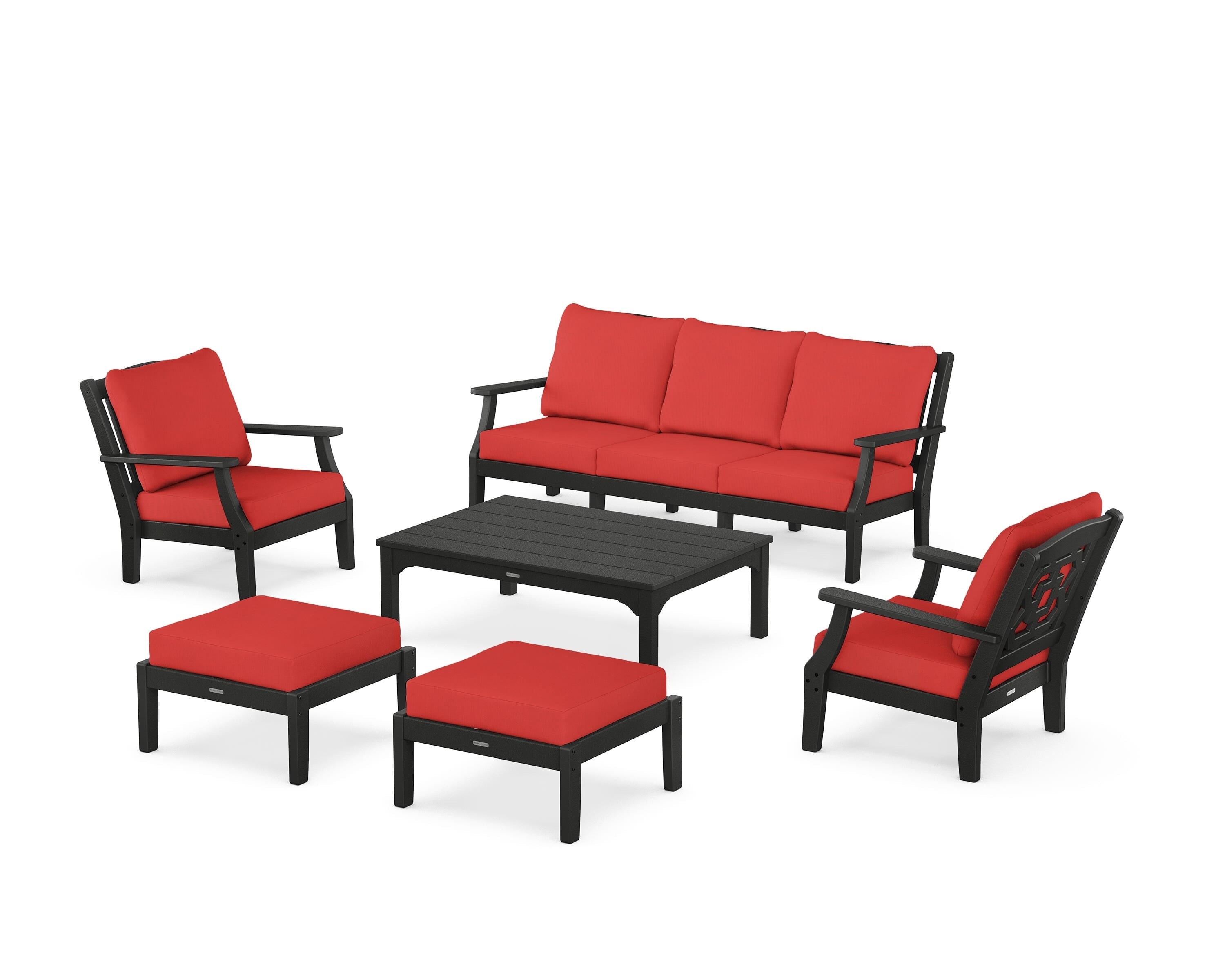 Martha Stewart by POLYWOOD® Chinoiserie 6-Piece Lounge Sofa Set in Black / Crimson Linen