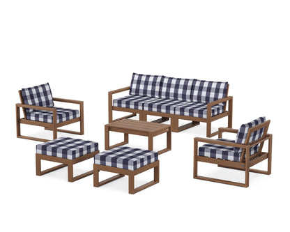 POLYWOOD® EDGE Sectional 8-Piece Lounge Sofa Set in Teak / Buffalo Plaid Navy
