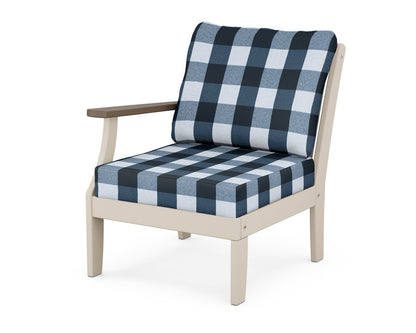 POLYWOOD® Braxton Modular Left Arm Chair in Sand / Kona / Buffalo Plaid Marine Indigo