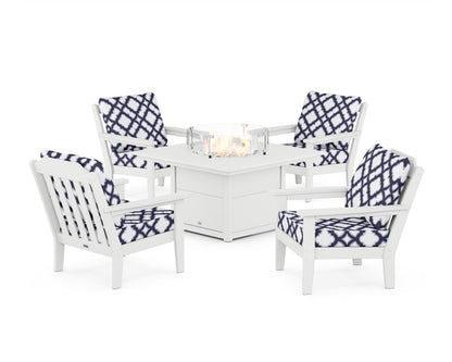 Country Living Cottage 5-Piece Deep Seating Set with Fire Pit Table in White / Trellis Navy