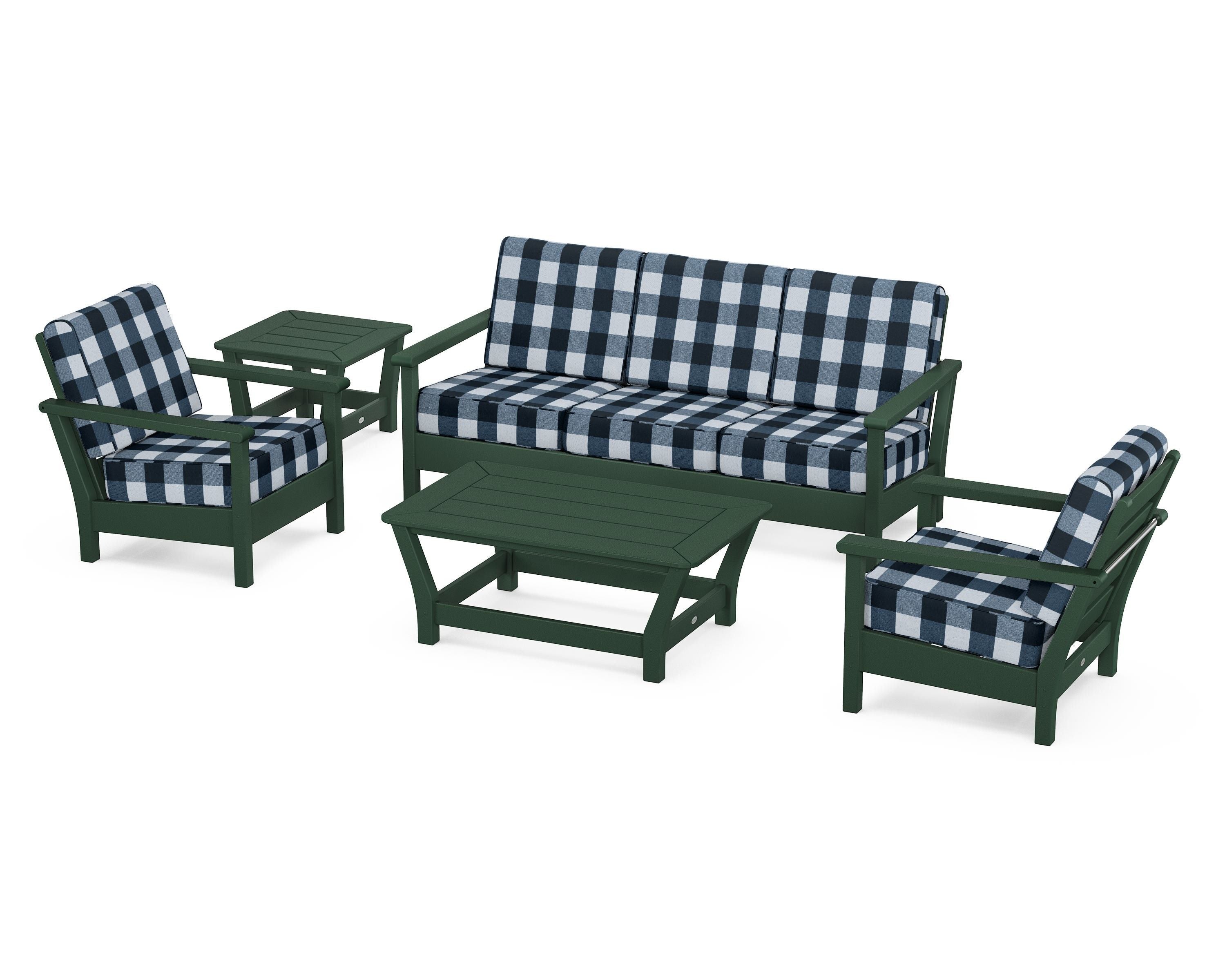 POLYWOOD® Harbour 5-Piece Deep Seating Set in Green / Buffalo Plaid Marine Indigo