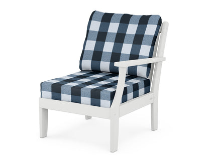 POLYWOOD® Braxton Modular Right Arm Chair in White / Buffalo Plaid Marine Indigo