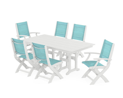 POLYWOOD® Coastal Folding Chair 7-Piece Farmhouse Dining Set in White / Dupioni Aquamarine Sling