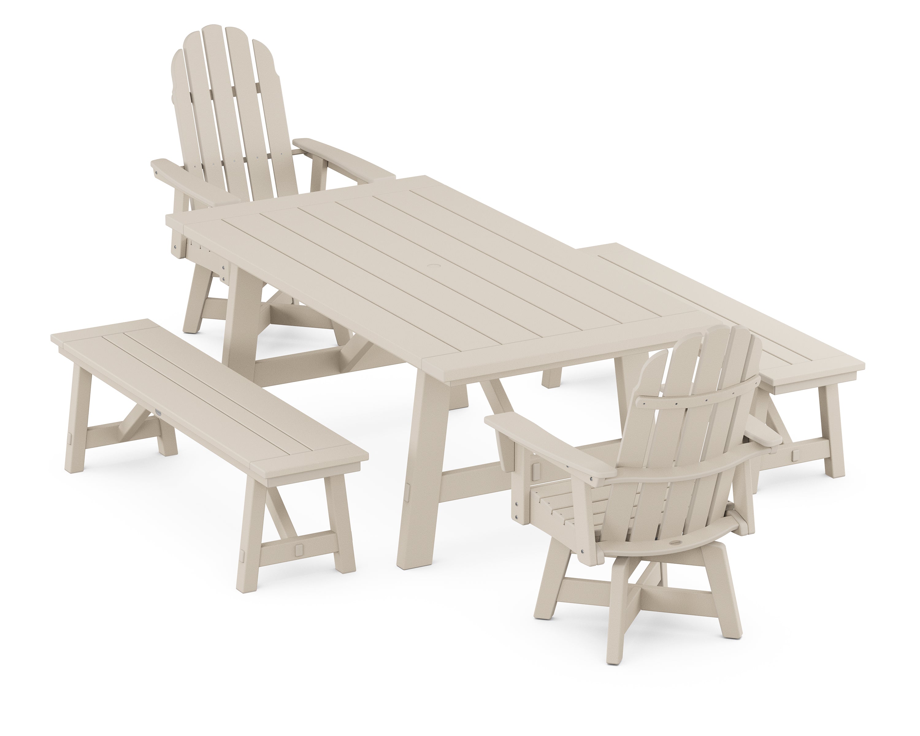 POLYWOOD® VineyardCurveback Adirondack Swivel Chair 5-Piece Rustic Farmhouse Dining Set With Benches in Sand