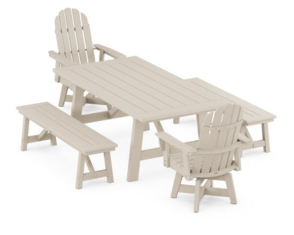POLYWOOD® VineyardCurveback Adirondack Swivel Chair 5-Piece Rustic Farmhouse Dining Set With Benches in Sand