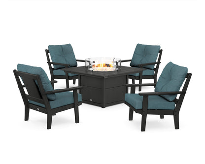 POLYWOOD® Prairie 5-Piece Deep Seating Set with Fire Pit Table in Black / Ocean Teal