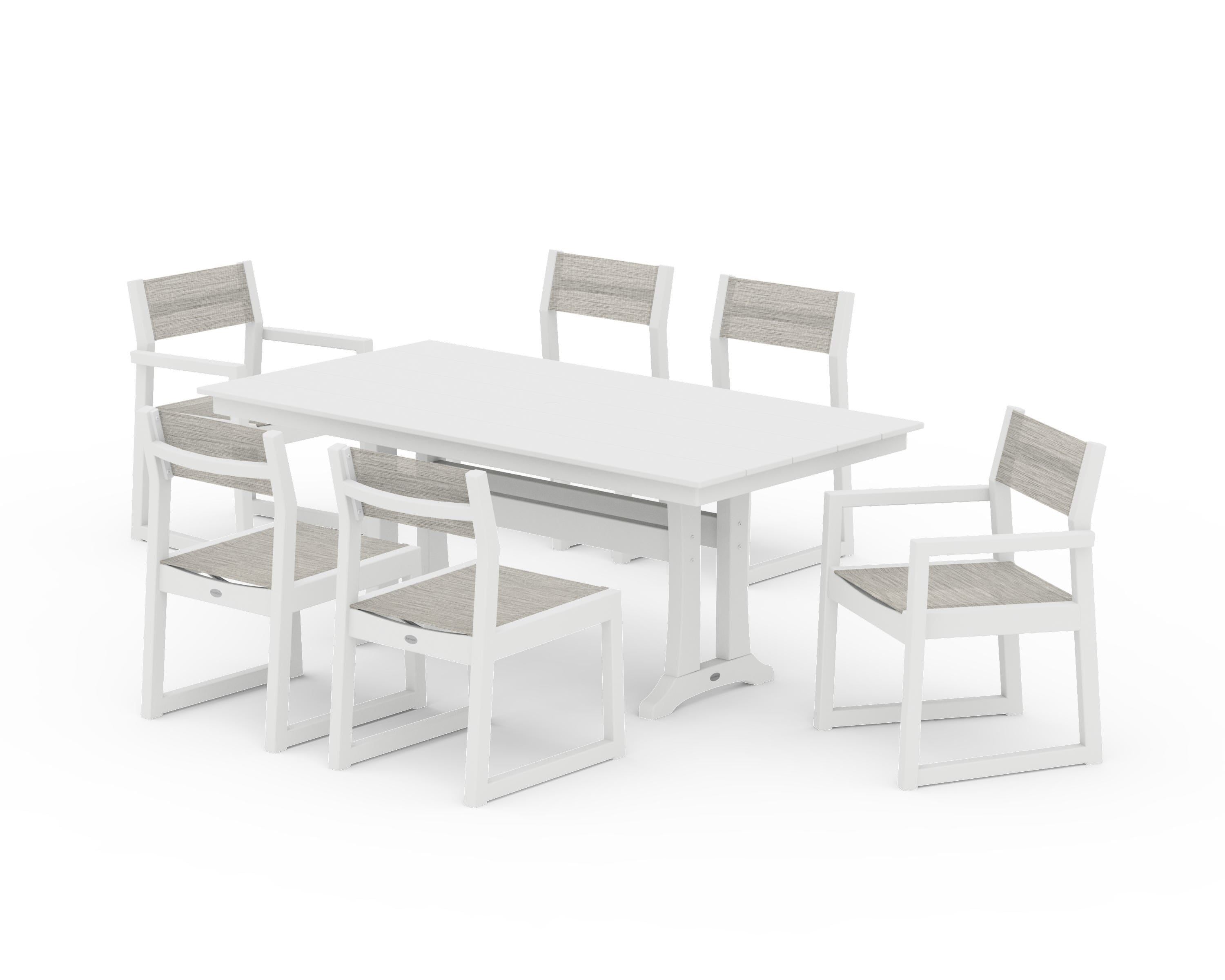 POLYWOOD® EDGE Sling 7-Piece Farmhouse Trestle Dining Set in White / Birch Sling