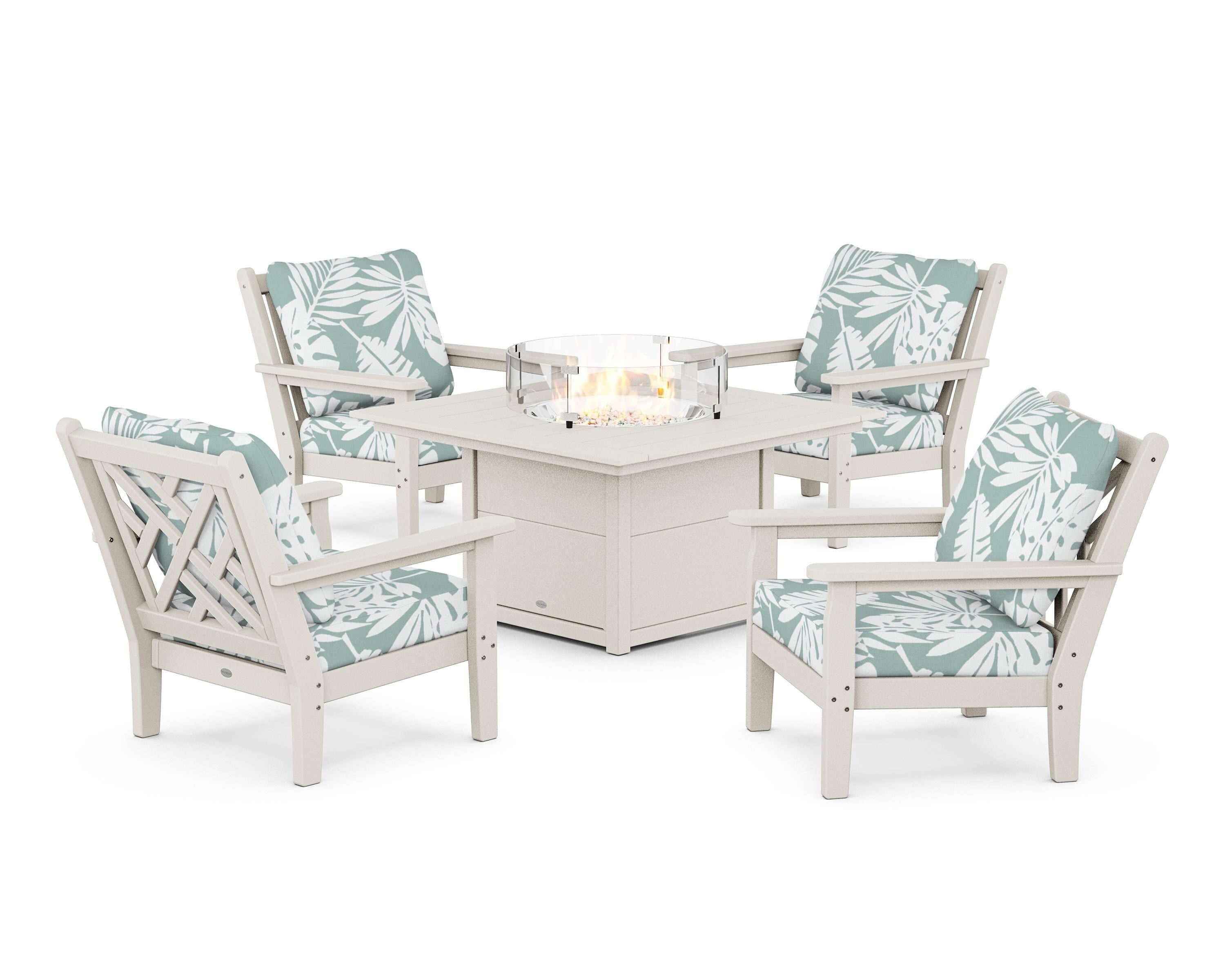 POLYWOOD® Chippendale 5-Piece Deep Seating Set with Fire Pit Table in Sand / Leaf Glacier Spa