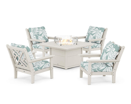 POLYWOOD® Chippendale 5-Piece Deep Seating Set with Fire Pit Table in Sand / Leaf Glacier Spa