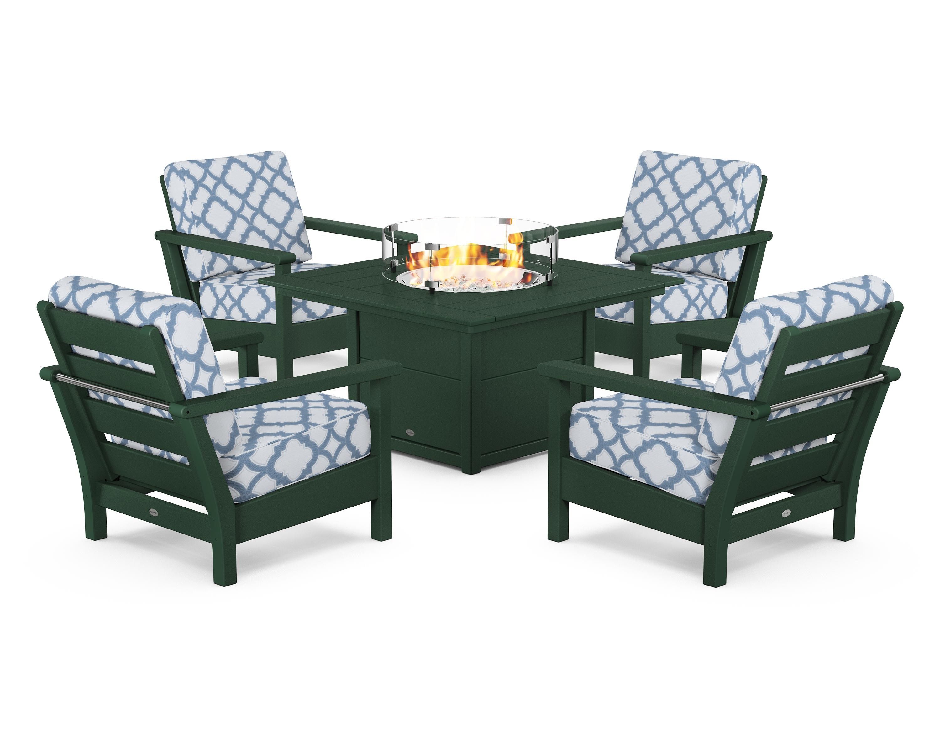 POLYWOOD® Harbour 5-Piece Conversation Set with Fire Pit Table in Green / Trellis Sky Blue