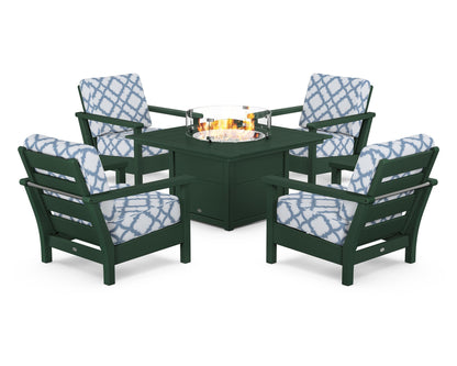 POLYWOOD® Harbour 5-Piece Conversation Set with Fire Pit Table in Green / Trellis Sky Blue