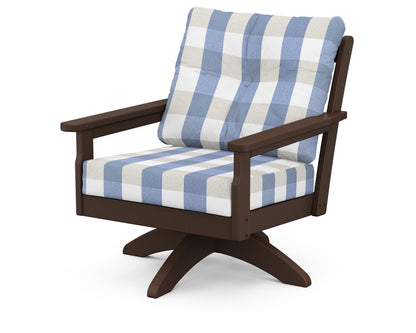 POLYWOOD® Vineyard Deep Seating Swivel Chair in Mahogany / Buffalo Plaid Sky Blue