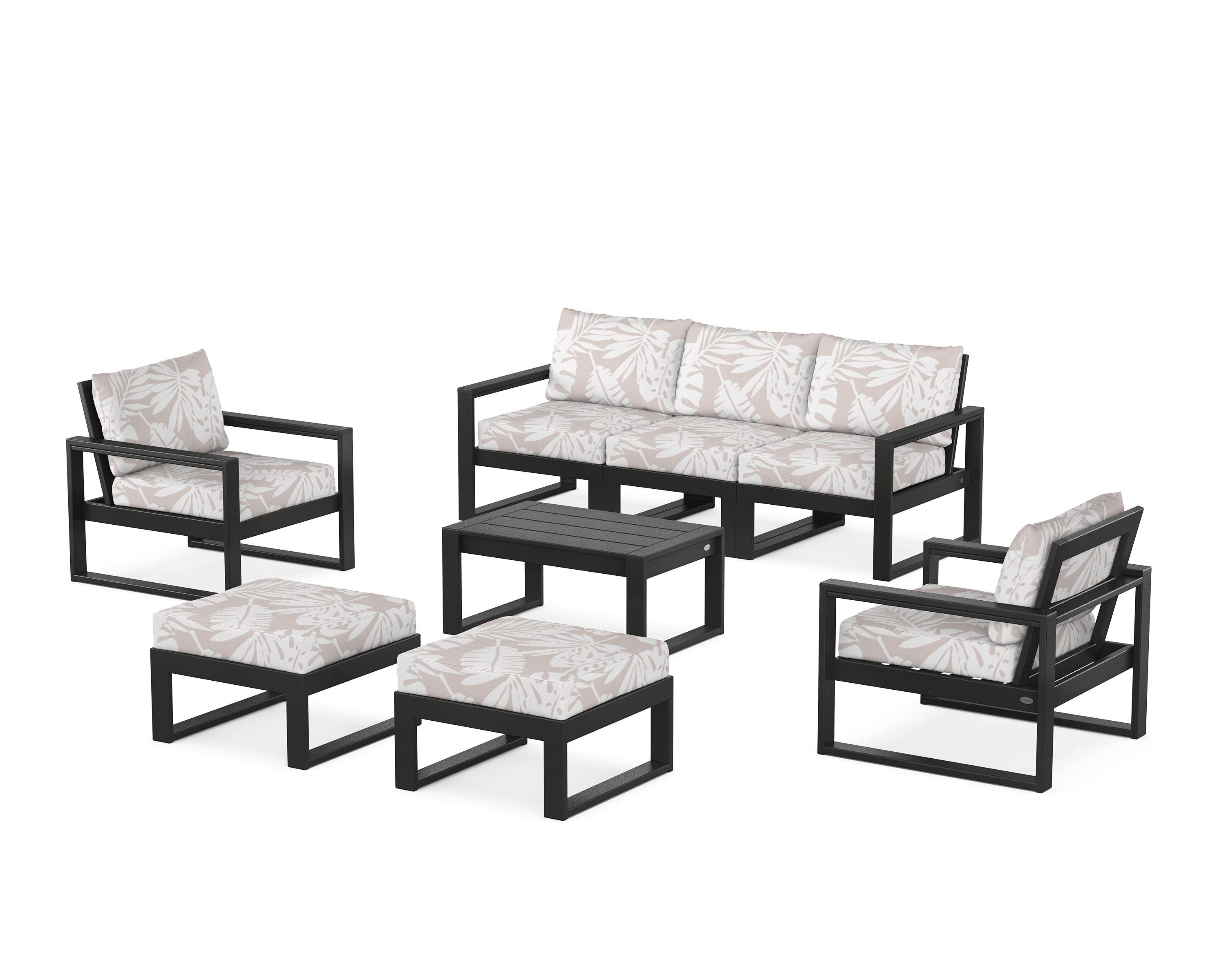 POLYWOOD® EDGE Sectional 8-Piece Lounge Sofa Set in Black / Leaf Dune Burlap