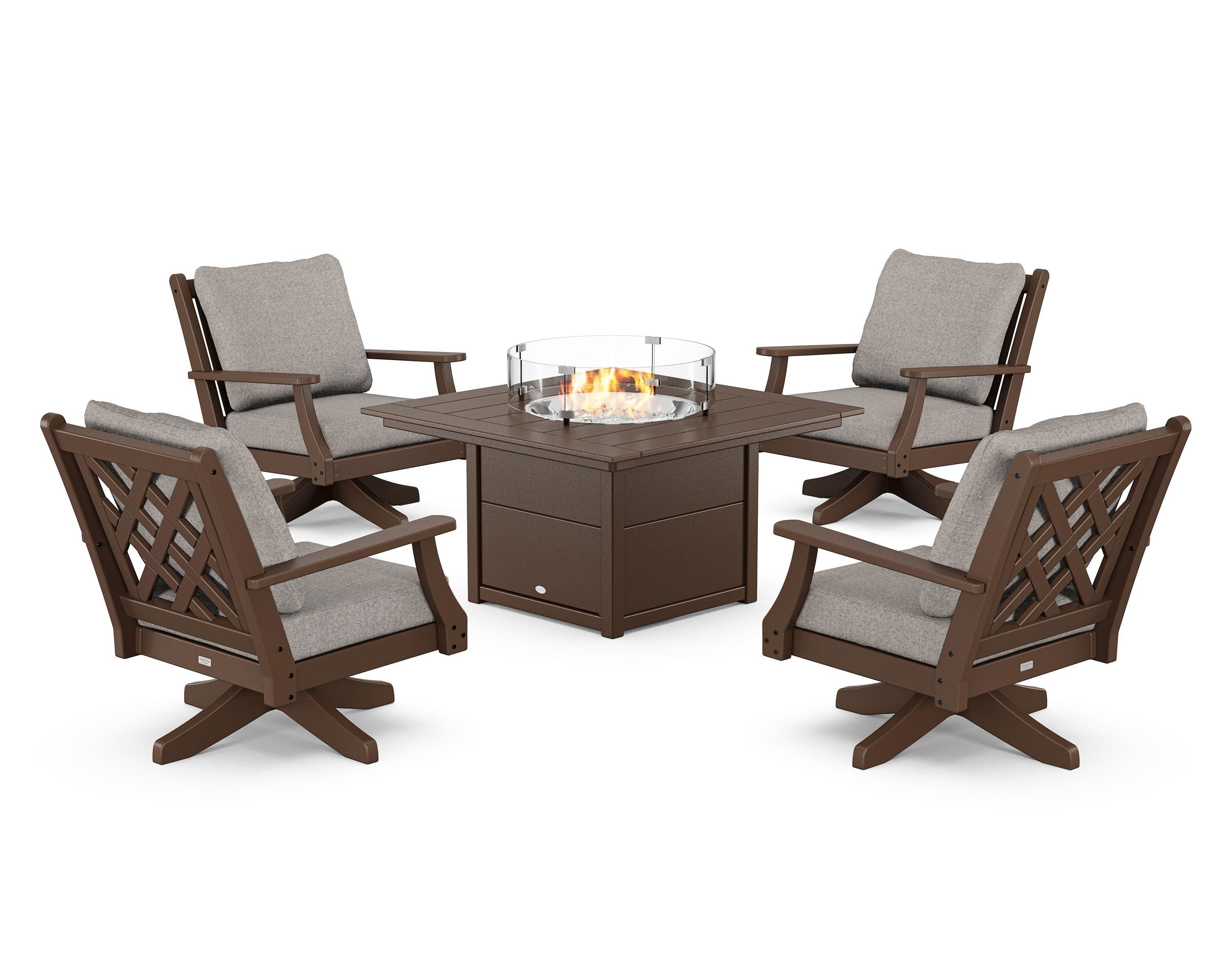Country Living Wovendale 5-Piece Deep Seating Swivel Conversation Set with Fire Pit Table in Mahogany / Weathered Tweed