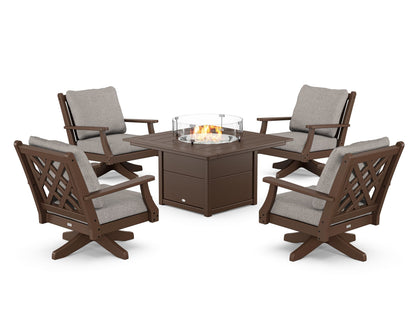 Country Living Wovendale 5-Piece Deep Seating Swivel Conversation Set with Fire Pit Table in Mahogany / Weathered Tweed
