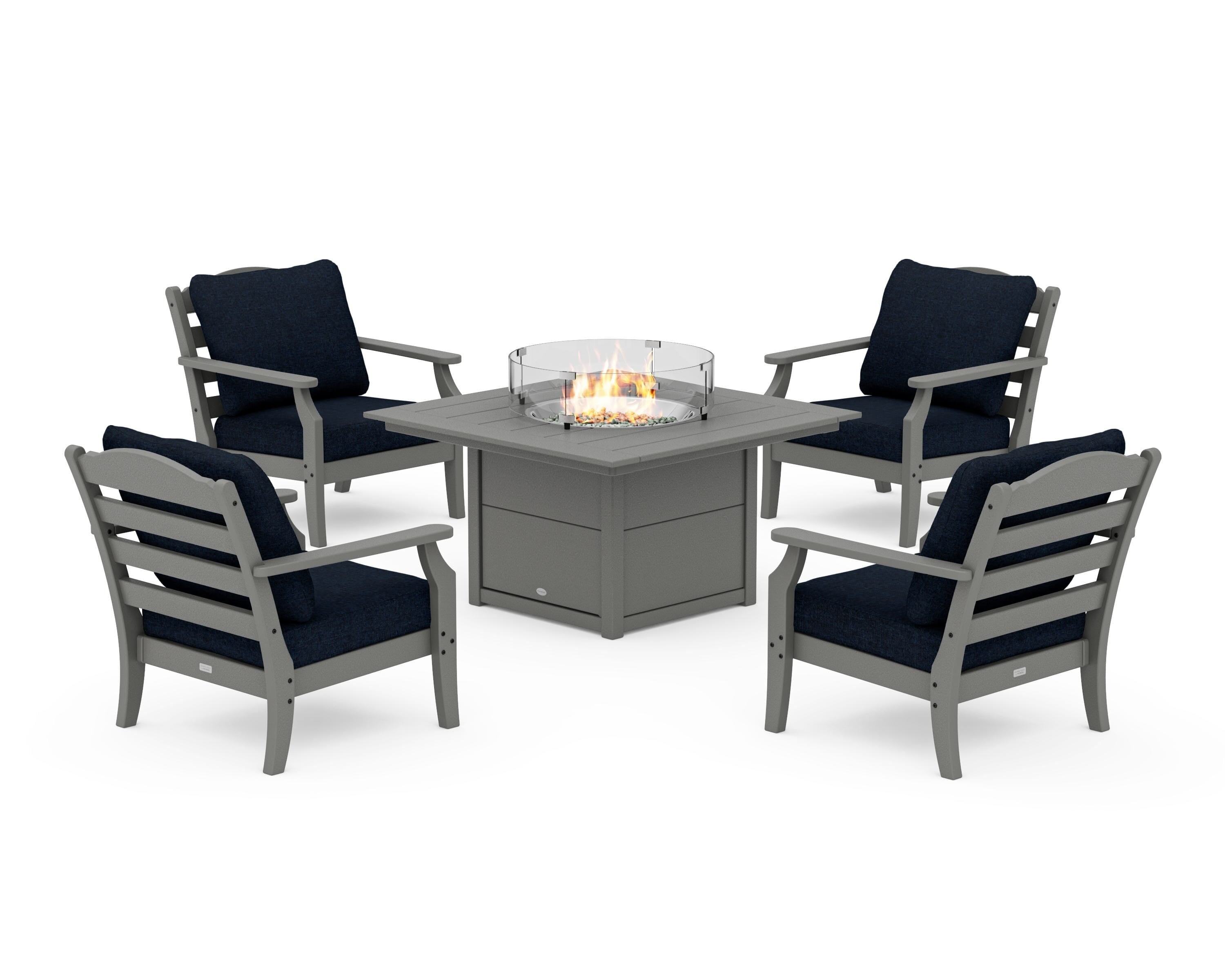 Draper James™ by  POLYWOOD® Savannah 5-Piece Deep Seating Set with Fire Pit Table in Slate Grey / Marine Indigo