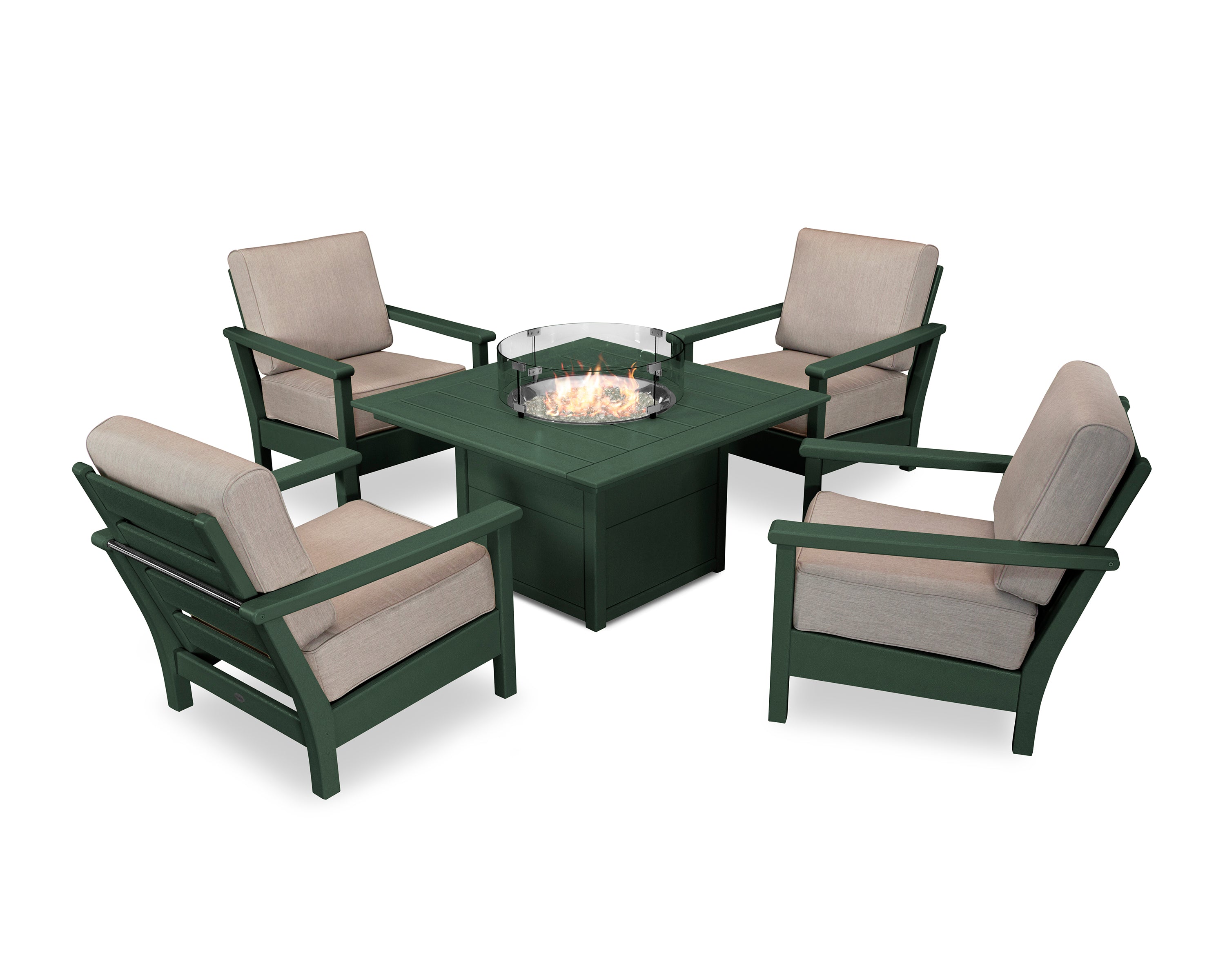 POLYWOOD® Harbour 5-Piece Conversation Set with Fire Pit Table in Green / Cast Ash