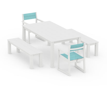 POLYWOOD® EDGE Sling Arm Chair 5-Piece Parsons Dining Set with Benches in White / Dupioni Aquamarine Sling