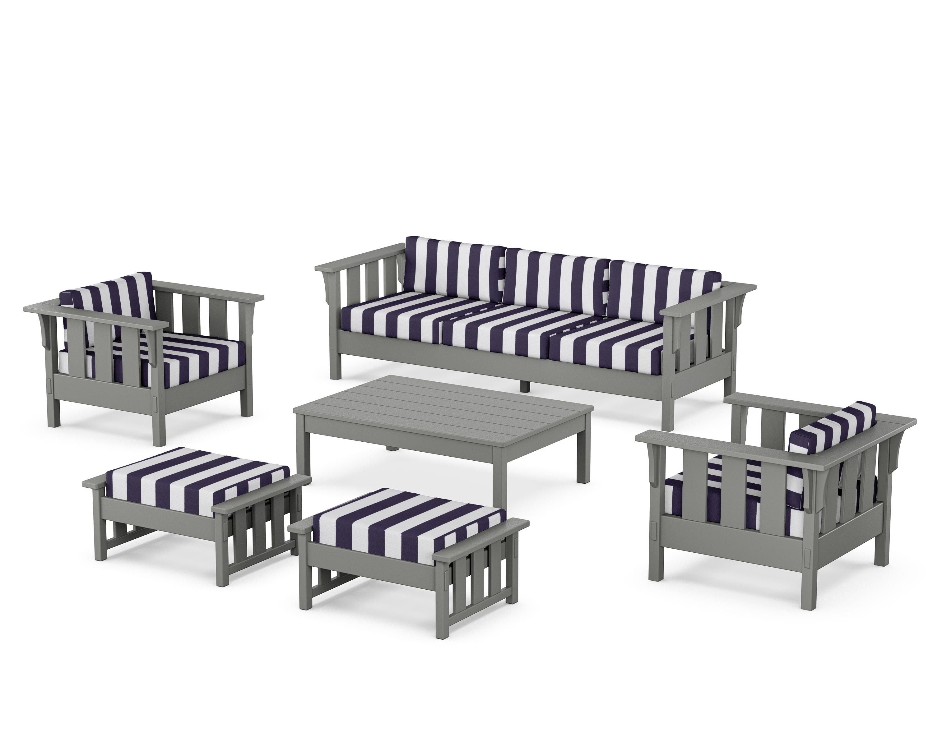 Martha Stewart by POLYWOOD® Acadia 6-Piece Lounge Sofa Set in Slate Grey / Cabana Stripe Navy