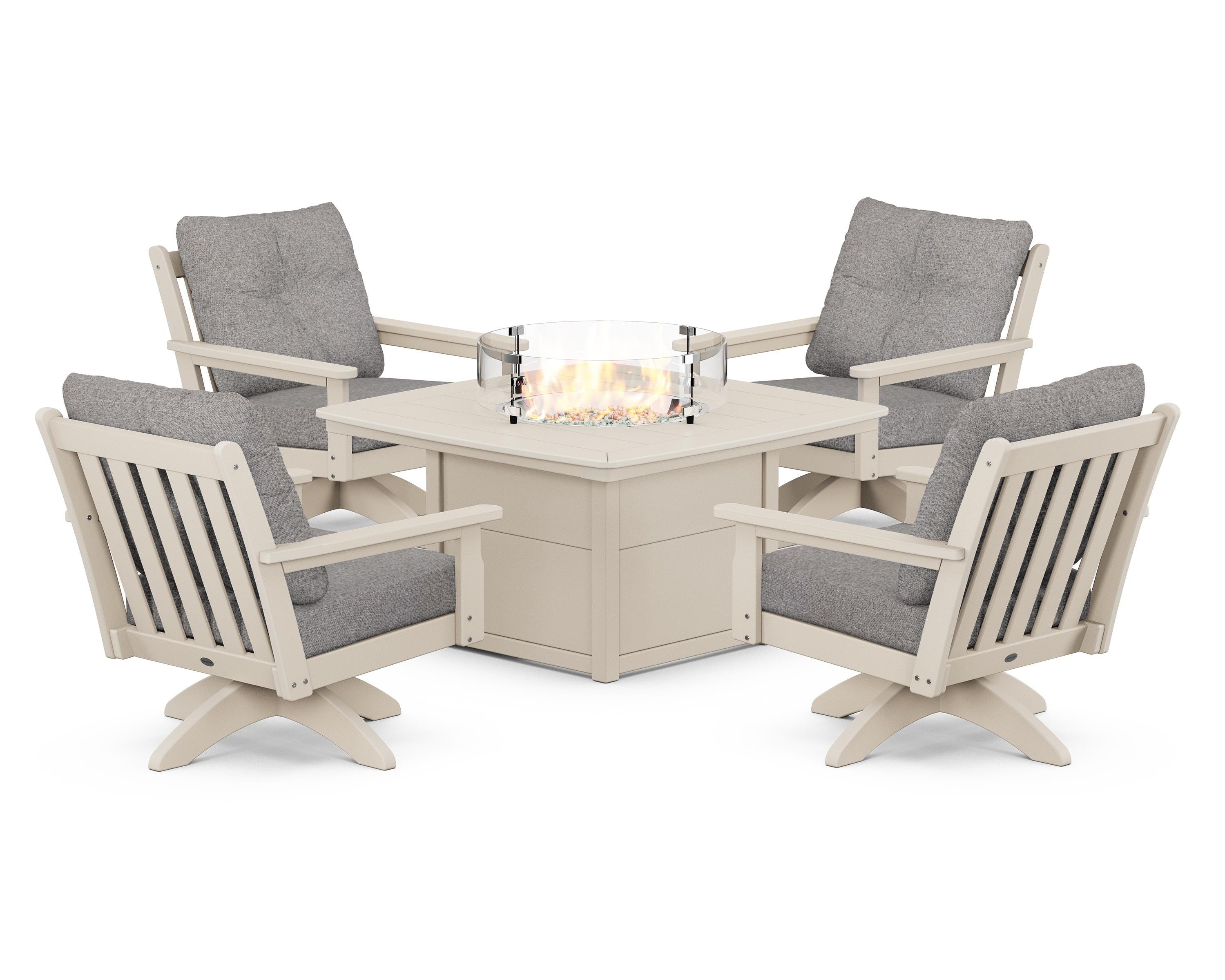 POLYWOOD® Vineyard 5-Piece Deep Seating Swivel Conversation Set with Fire Pit Table in Sand / Grey Mist