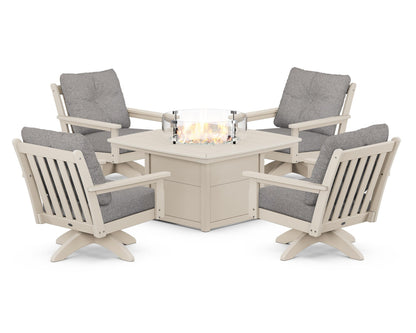 POLYWOOD® Vineyard 5-Piece Deep Seating Swivel Conversation Set with Fire Pit Table in Sand / Grey Mist