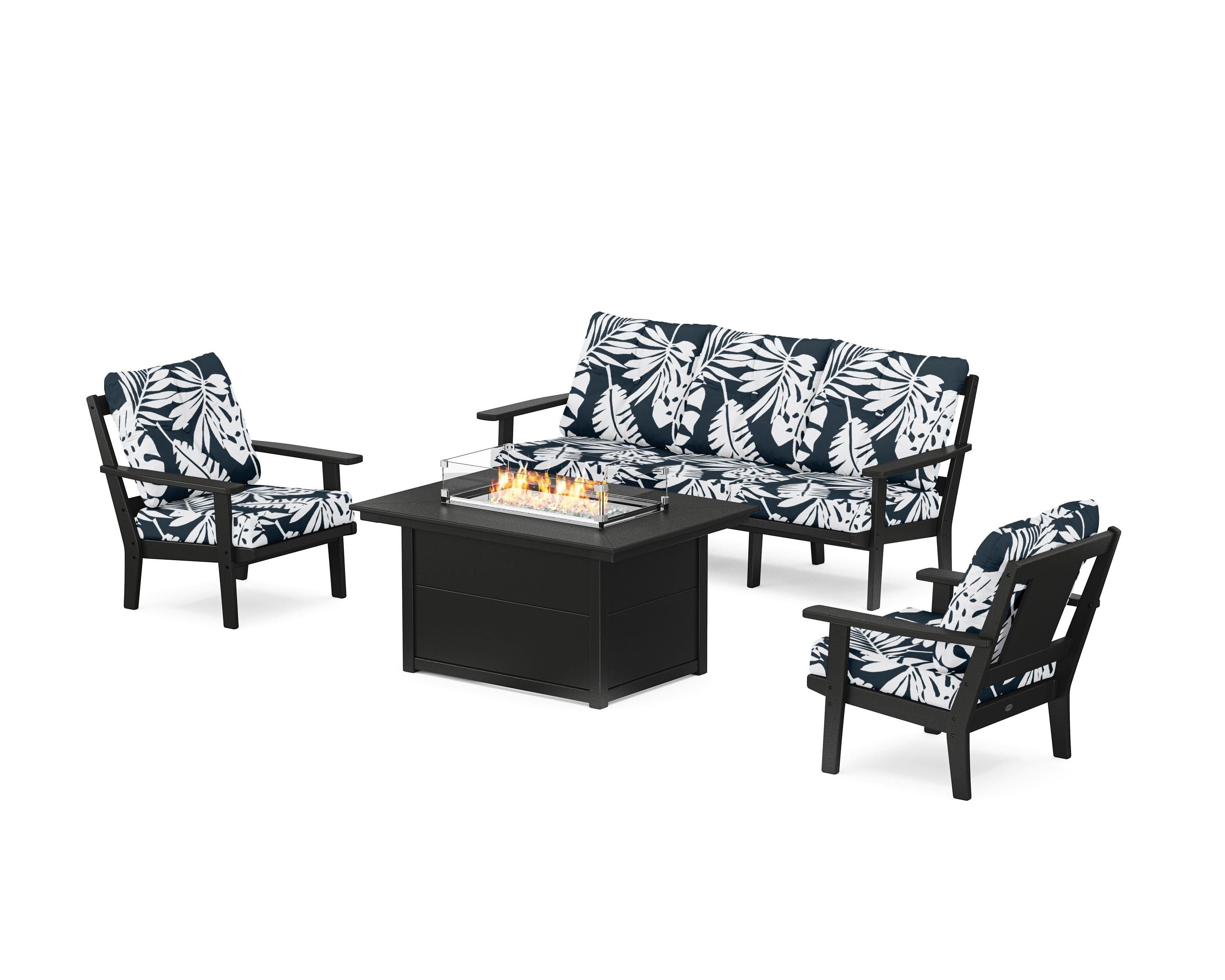 POLYWOOD® Prairie Deep Seating Fire Pit Table Set in Black / Leaf Marine Indigo