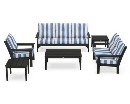 POLYWOOD® Vineyard 6-Piece Deep Seating Set in Black / Cabana Stripe Sky Blue