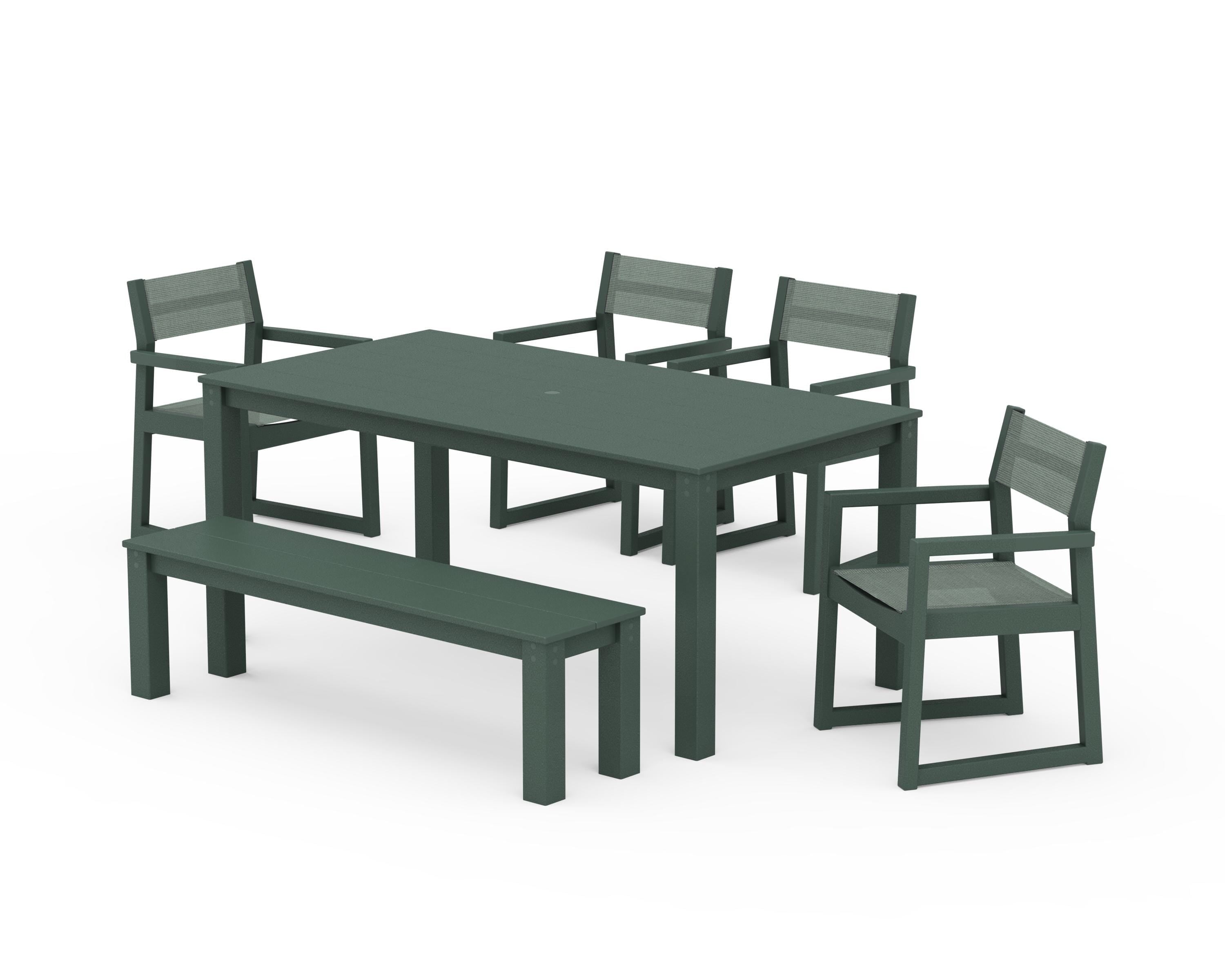 POLYWOOD® EDGE Sling Arm Chair 6-Piece Parsons Dining Set with Bench in Green / Dupioni Sea Mist Sling