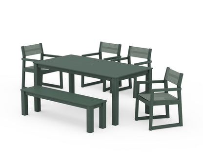 POLYWOOD® EDGE Sling Arm Chair 6-Piece Parsons Dining Set with Bench in Green / Dupioni Sea Mist Sling
