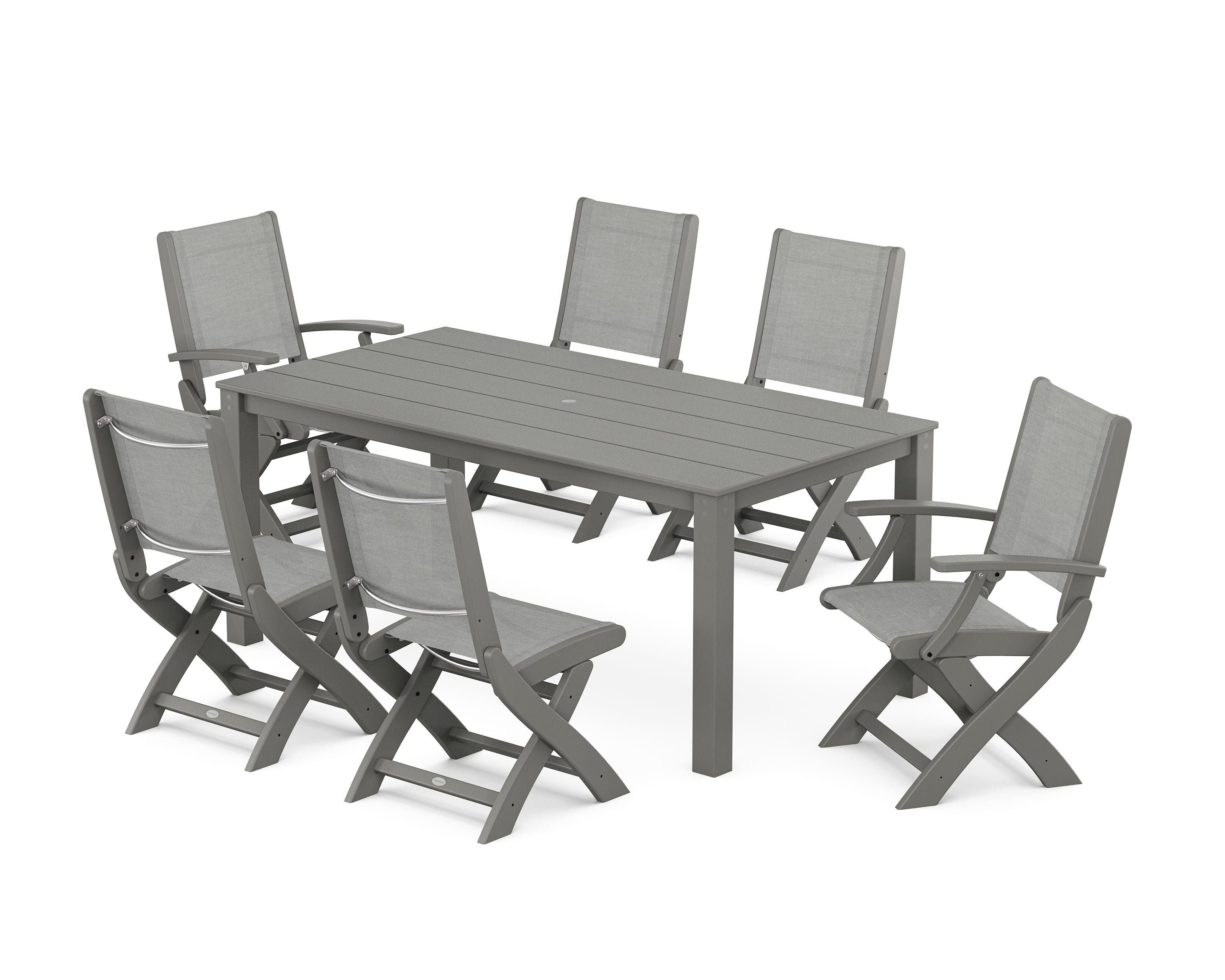 POLYWOOD® Coastal Folding Chair 7-Piece Parsons Dining Set in Slate Grey / Metallic Sling