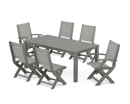 POLYWOOD® Coastal Folding Chair 7-Piece Parsons Dining Set in Slate Grey / Metallic Sling