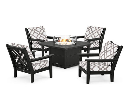POLYWOOD® Chippendale 5-Piece Deep Seating Set with Fire Pit Table in Black / Trellis Grey Mist