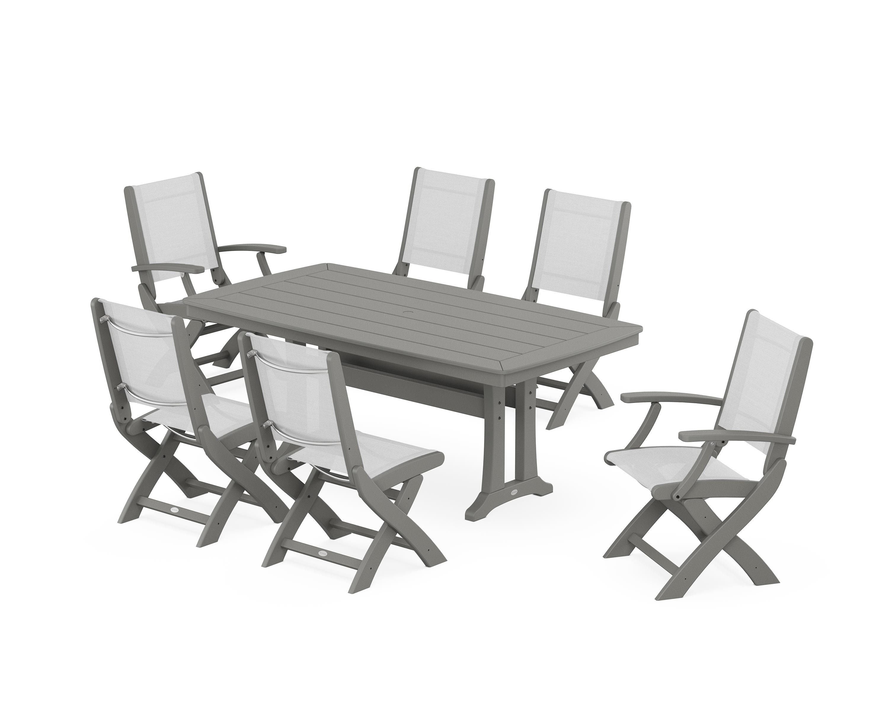POLYWOOD® Coastal Folding Chair 7-Piece Dining Set with Trestle Legs in Slate Grey / White Sling