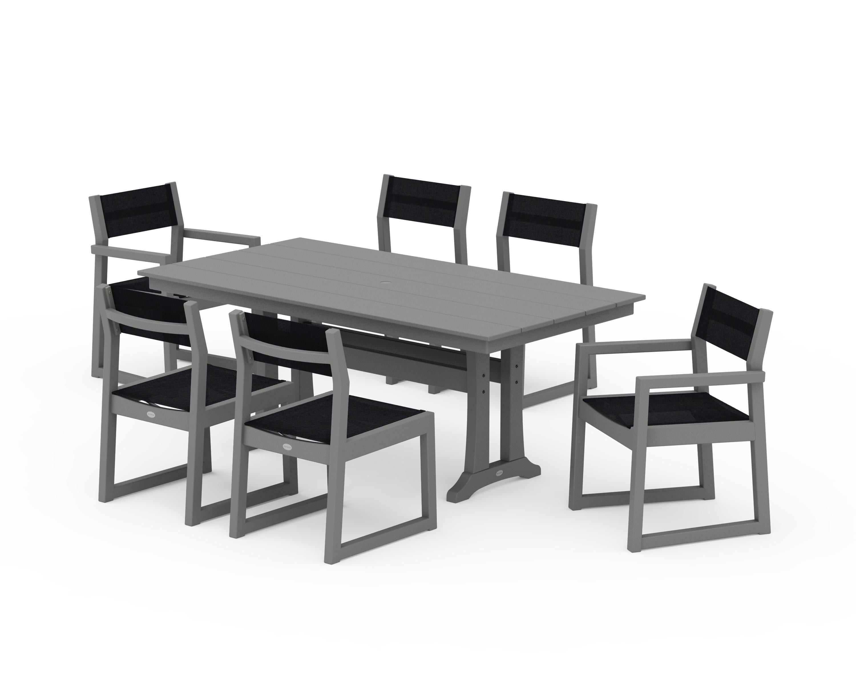 POLYWOOD® EDGE Sling 7-Piece Farmhouse Trestle Dining Set in Slate Grey / Black Sling