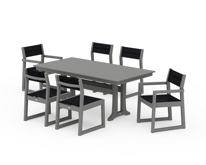 POLYWOOD® EDGE Sling 7-Piece Farmhouse Trestle Dining Set in Slate Grey / Black Sling