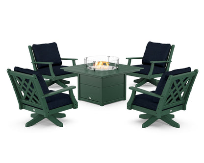 Country Living Wovendale 5-Piece Deep Seating Swivel Conversation Set with Fire Pit Table in Green / Marine Indigo