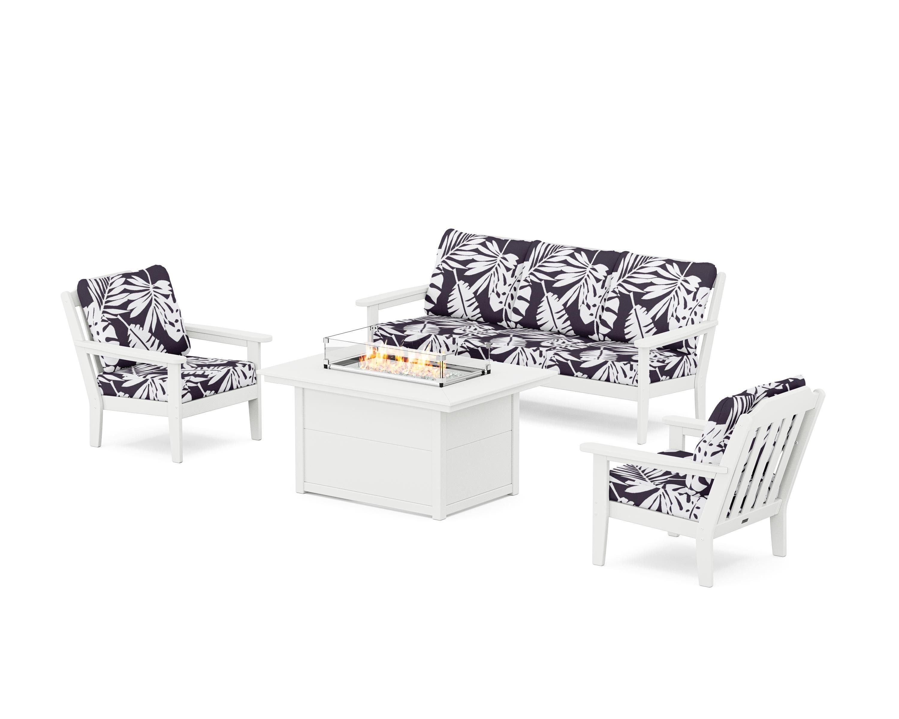 Country Living Cottage Deep Seating Fire Pit Table Set in White / Leaf Navy