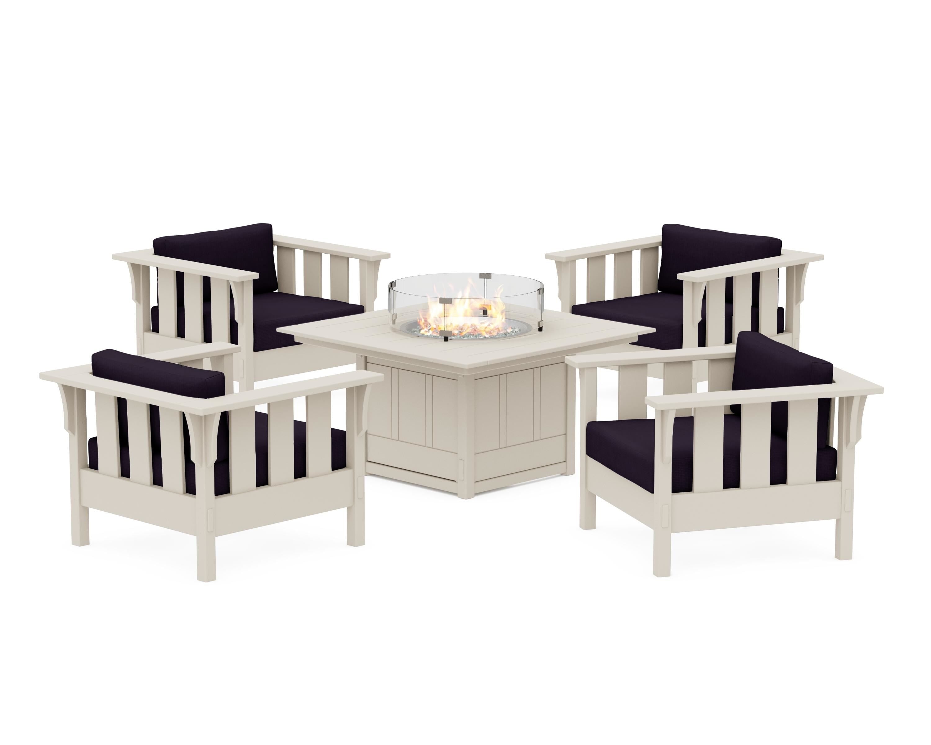 Martha Stewart by POLYWOOD® Acadia 5-Piece Deep Seating Set with Fire Pit Table in Sand / Navy Linen