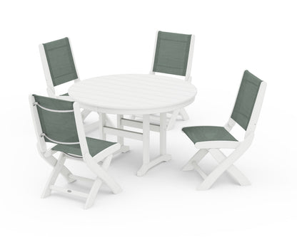 POLYWOOD® Coastal Folding Side Chair 5-Piece Round Dining Set in White / Dupioni Sea Mist Sling