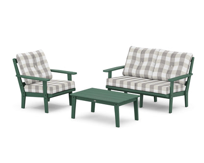 POLYWOOD® Oxford 3-Piece Deep Seating Set with Loveseat in Green / Buffalo Plaid Grey Mist