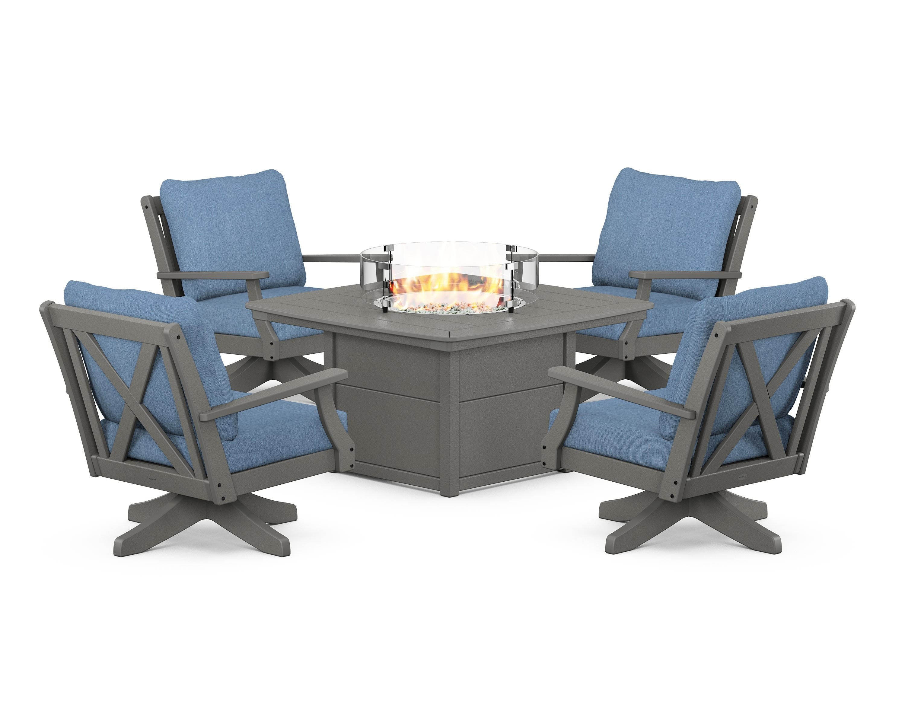 POLYWOOD® Braxton 5-Piece Deep Seating Swivel Conversation Set with Fire Pit Table in Slate Grey / Sky Blue