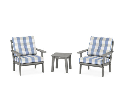 POLYWOOD® Oxford 3-Piece Deep Seating Set in Slate Grey / Buffalo Plaid Sky Blue