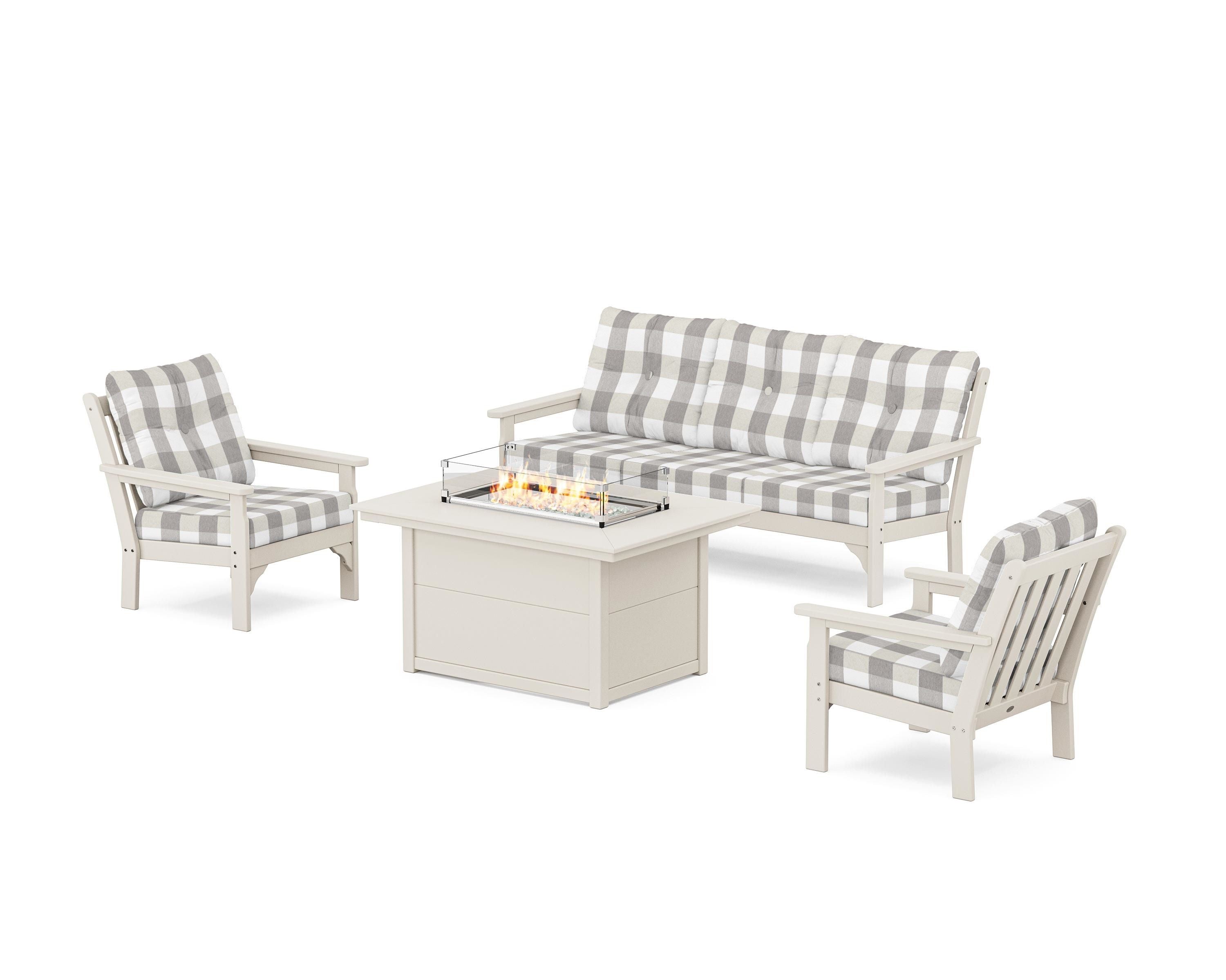 POLYWOOD® Vineyard Deep Seating Fire Pit Table Set in Sand / Buffalo Plaid Grey Mist