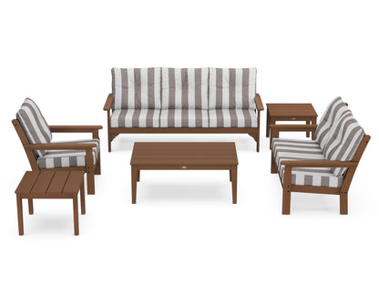 POLYWOOD® Vineyard 6-Piece Deep Seating Set in Teak / Cabana Stripe Grey Mist