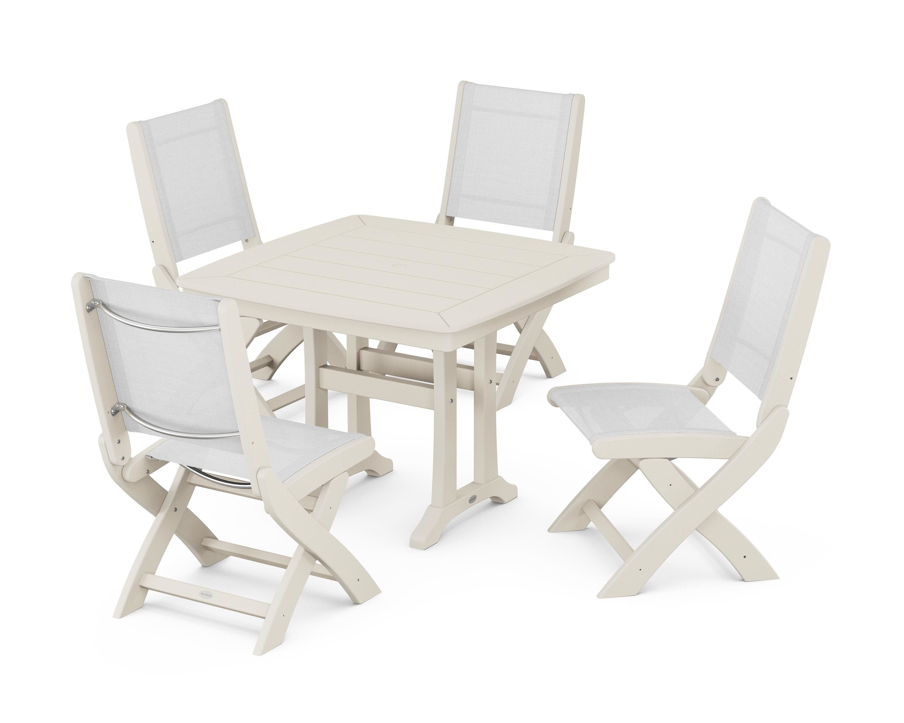 POLYWOOD® Coastal Folding Side Chair 5-Piece Dining Set with Trestle Legs in Sand / White Sling