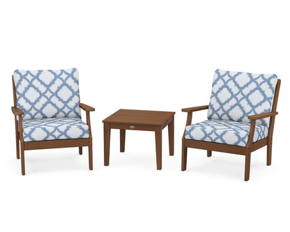 POLYWOOD® Braxton 3-Piece Deep Seating Set in Teak / Trellis Sky Blue