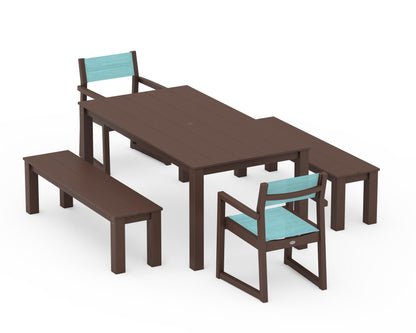 POLYWOOD® EDGE Sling Arm Chair 5-Piece Parsons Dining Set with Benches in Mahogany / Dupioni Aquamarine Sling