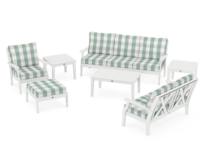 POLYWOOD® Braxton 7-Piece Deep Seating Set in White / Buffalo Plaid Glacier Spa